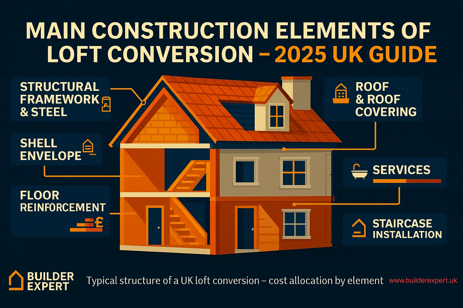 A cross-section diagram illustrating the loft conversion cost breakdown by construction element for a typical 2025 UK project. Seven major areas are highlighted as key cost drivers: Structural Framework & Steel, Roof & Roof Covering, Shell Envelope, Floor Reinforcement, Staircase, Windows/Doors, and Services (Plumbing/Electrics). The image shows how the budget is allocated across these main components.