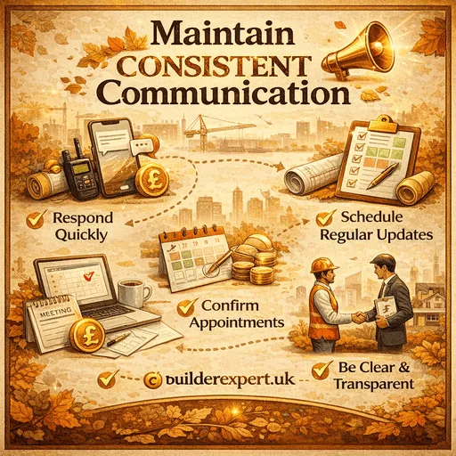Maintain consistent communication infographic showing how builders respond quickly, schedule updates and build trust with construction clients