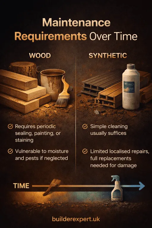 Infographic showing maintenance requirements over time for wood and synthetic building materials in residential construction, highlighting upkeep frequency and long-term care differences