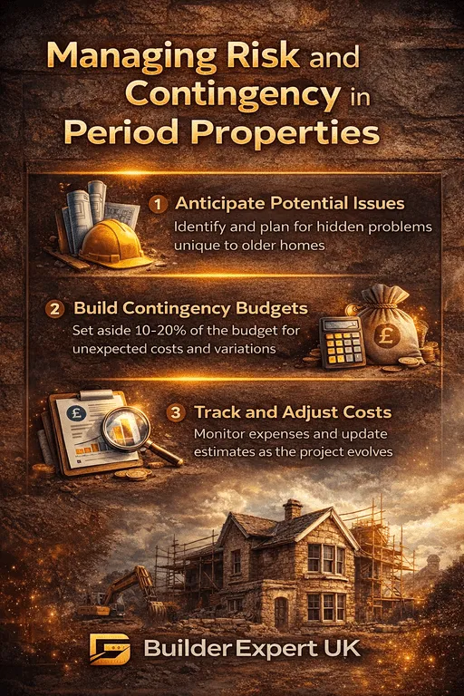 Managing risk and contingency in period property renovations using cloud-based estimating software UK infographic