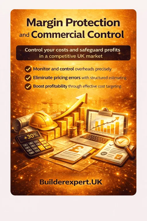 Margin Protection and Commercial Control infographic with glowing financial and construction graphics, calculator, profit growth chart, coins and hard hat on bright dark-yellow background branded Builderexpert.uk
