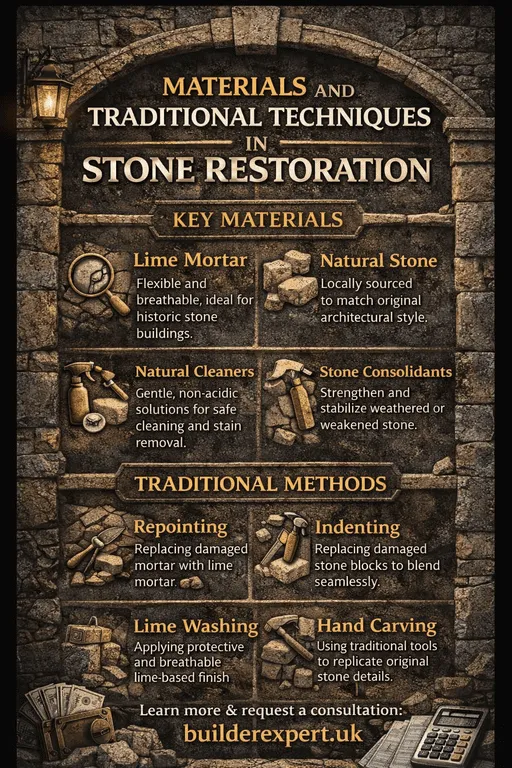 Vertical infographic explaining materials and traditional techniques used in stone restoration, including lime mortar, natural stone, repointing, and lime washing for historic buildings.