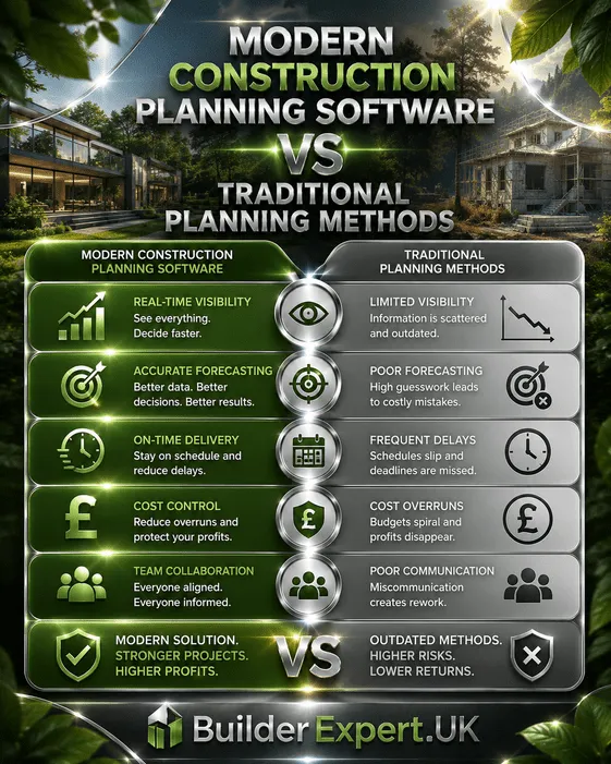 Professional nature-themed construction infographic comparing modern construction planning software vs traditional planning methods, highlighting differences in forecasting visibility, scheduling coordination, operational efficiency, budgeting control, and long-term residential profitability.