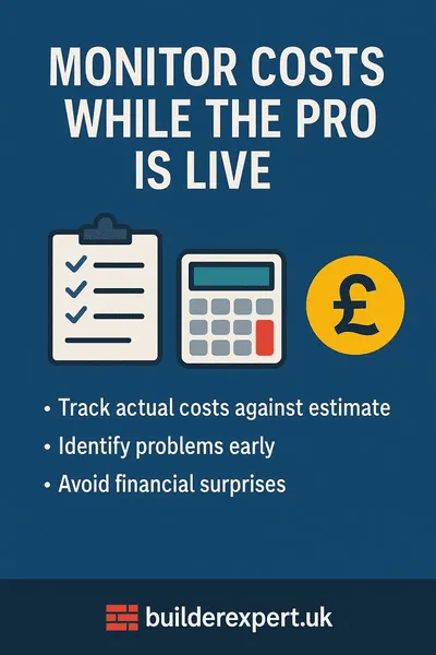 Infographic explaining how to monitor costs while the construction project is live, showing cost tracking, early issue identification, and avoiding financial surprises for UK residential builders.