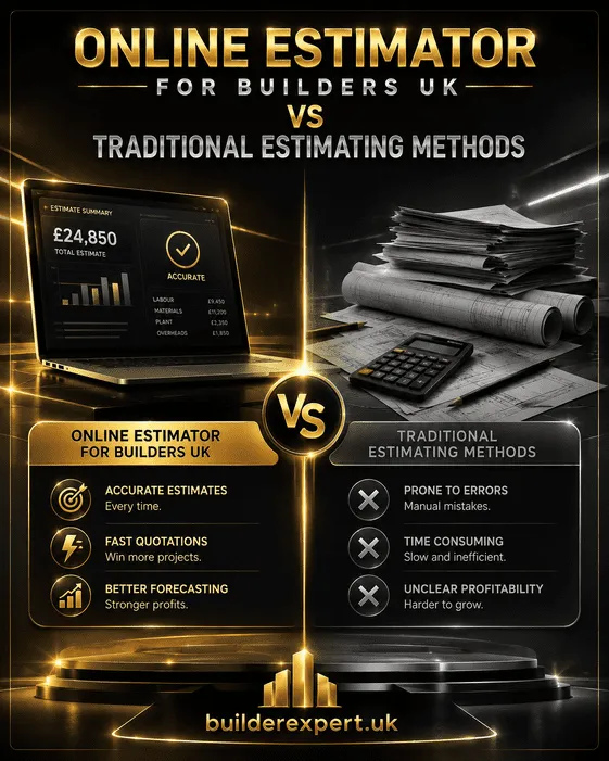 Professional grey and gold construction infographic comparing online estimator for builders UK platforms with traditional estimating methods, highlighting faster quotations, better forecasting, improved operational efficiency, and stronger construction profitability.