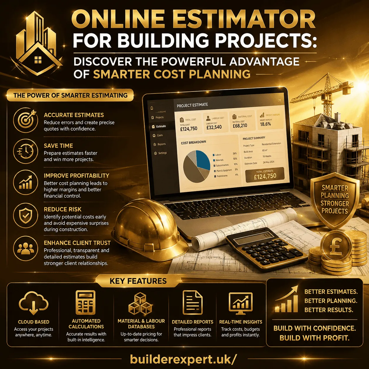 Infographic showing how an online estimator for building projects improves cost planning and budgeting accuracy