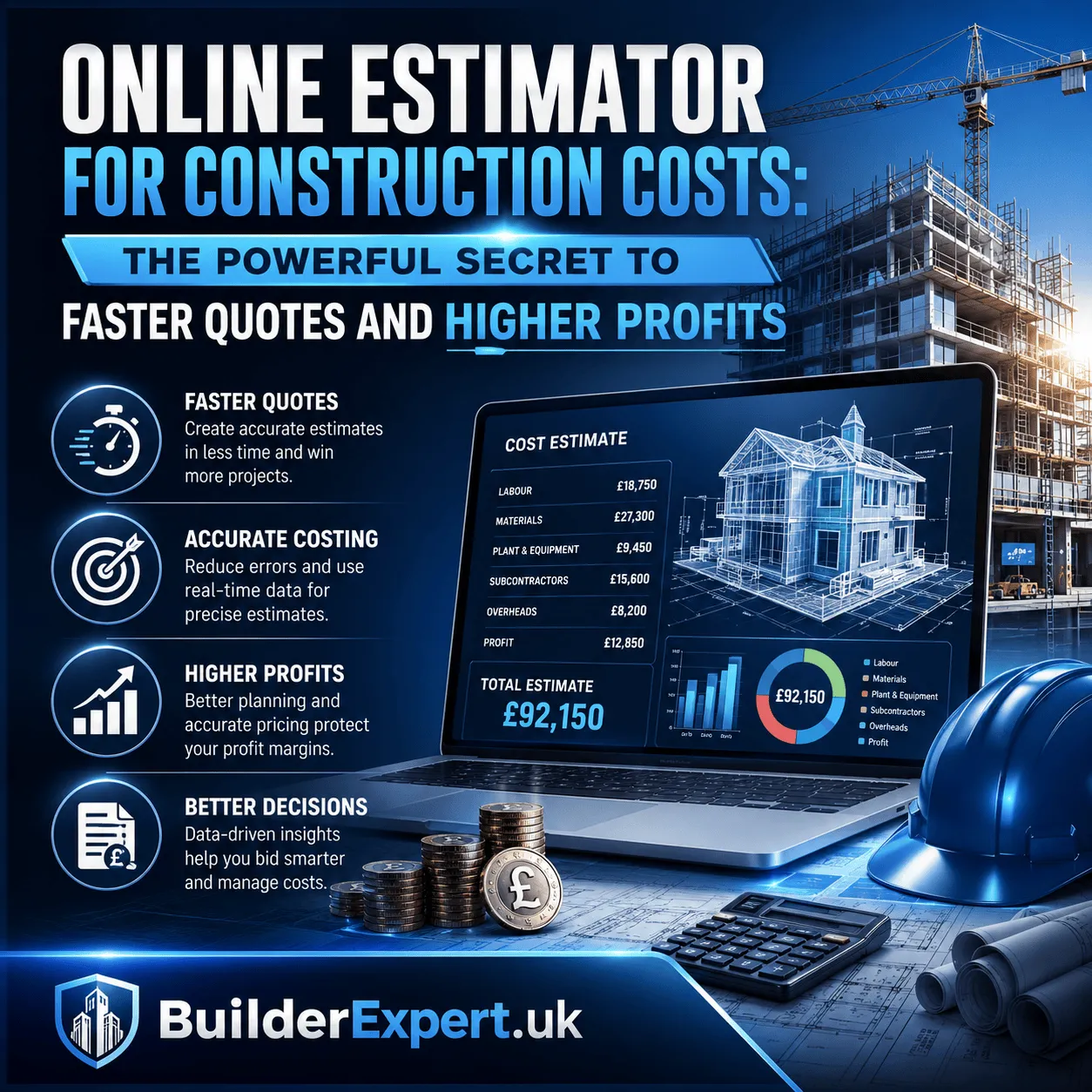 Infographic explaining how an online estimator for construction costs delivers faster quotes and higher profits for UK builders