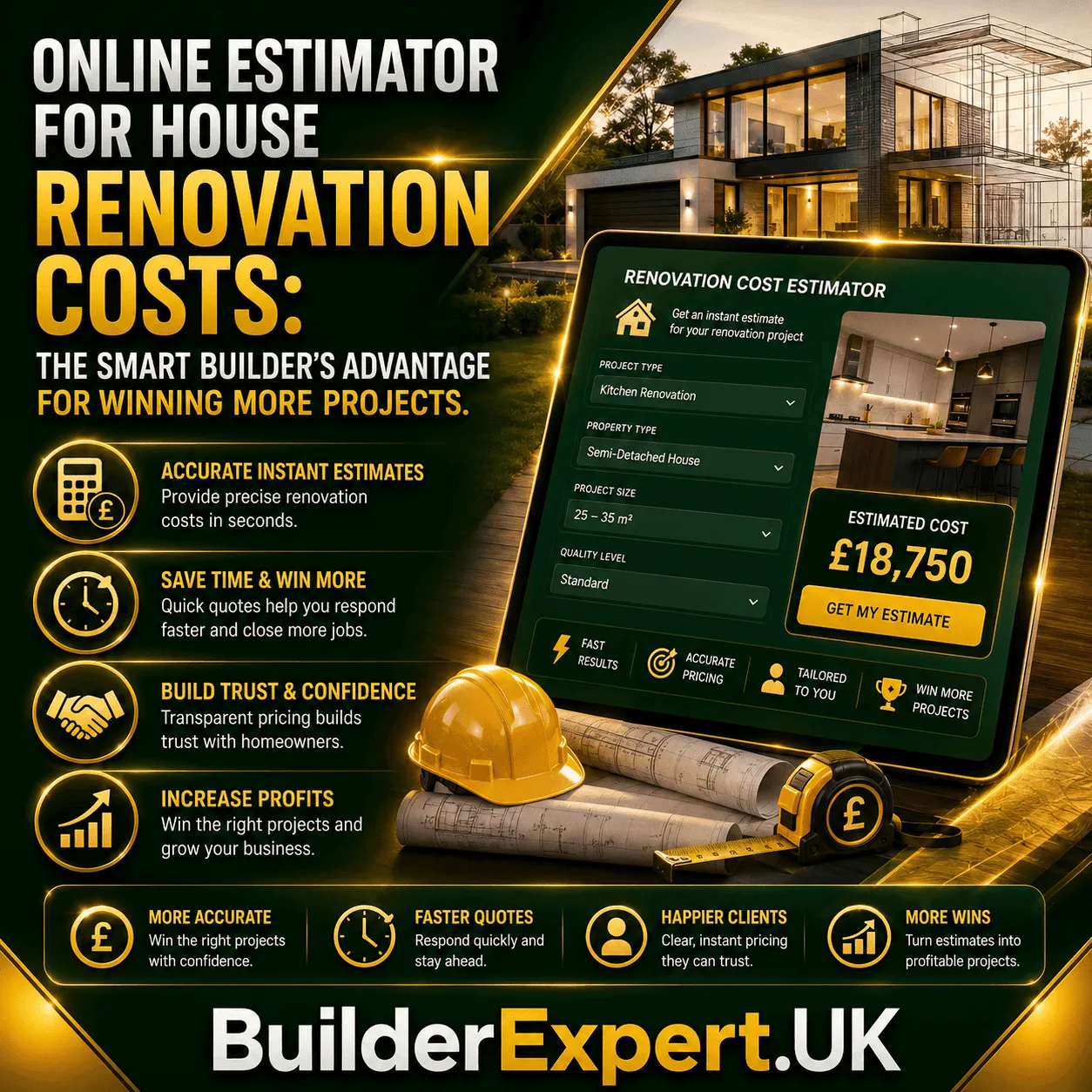 Infographic on using an online estimator for house renovation costs to help UK builders win more projects