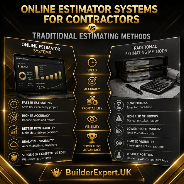 Professional dark earth-tone construction infographic comparing online estimator systems for contractors vs traditional estimating methods, highlighting forecasting visibility, quotation speed, operational efficiency, profitability, and construction planning advantages.
