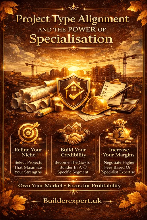 Project type alignment and the power of specialisation infographic in autumn brown and gold tones showing niche focus, credibility building and margin growth with BuilderExpert.uk branding