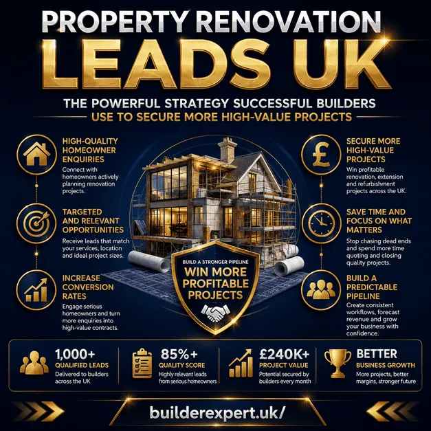 Infographic showing how UK builders secure property renovation leads to win high-value projects
