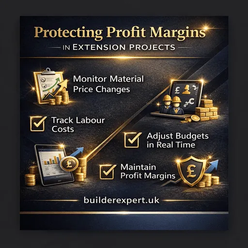 Infographic showing how builders use building estimating software UK to protect profit margins in house extension projects by tracking costs and managing budgets.