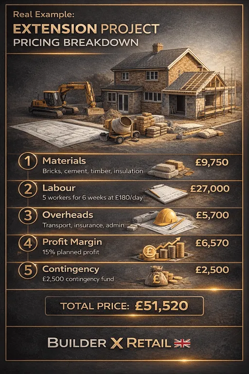 Extension project pricing breakdown UK infographic showing materials, labour, overheads, profit margin, and total cost for residential construction