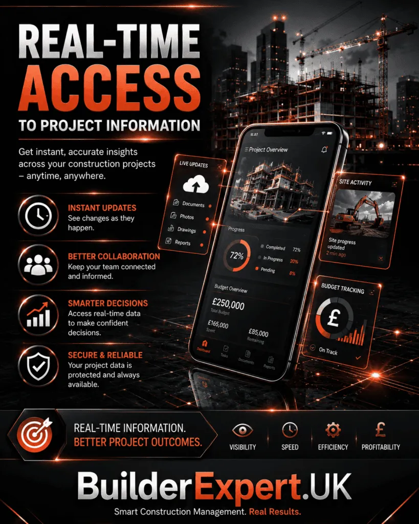 Alt Text Real-Time Access to Project Information infographic featuring cloud-based construction technology, live project dashboards, mobile project tracking, instant updates, team collaboration tools, and British pound (£) financial monitoring. The visual highlights real-time access to construction data, improved visibility, faster decision-making, and secure project management for residential builders.