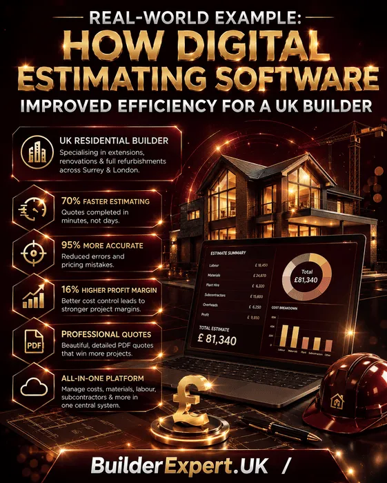 Portrait 4:5 infographic titled "Real-World Example: How Digital Estimating Software Improved Efficiency for a UK Builder" featuring a premium dark burgundy background with glossy visual effects, a modern UK home, a digital estimating dashboard, and a UK pound (£) symbol. The infographic highlights faster estimating, improved accuracy, stronger profit margins, professional PDF quotations, and an all-in-one estimating platform, with BuilderExpert.UK branding at the bottom.