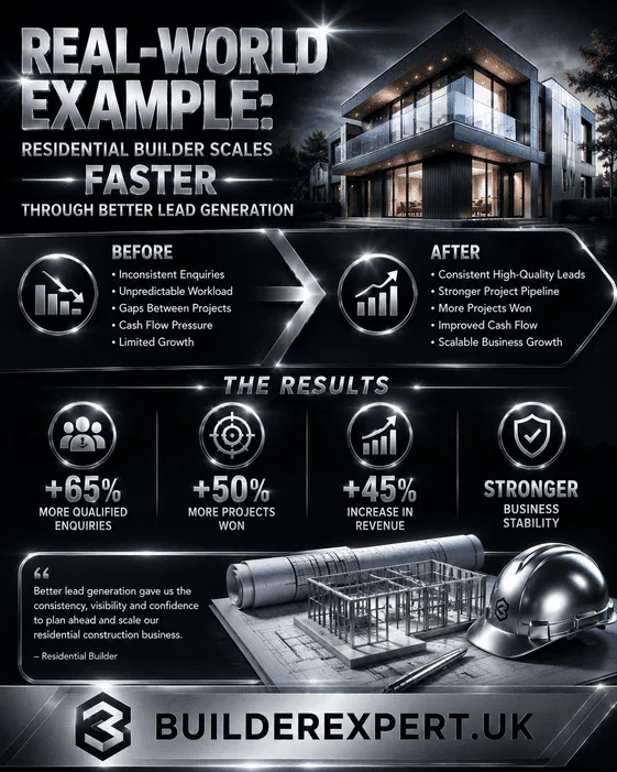 Professional dark silver construction infographic showing a real-world example of how a residential builder scaled faster through better lead generation, improved project pipelines, stronger profitability, and increased business stability.