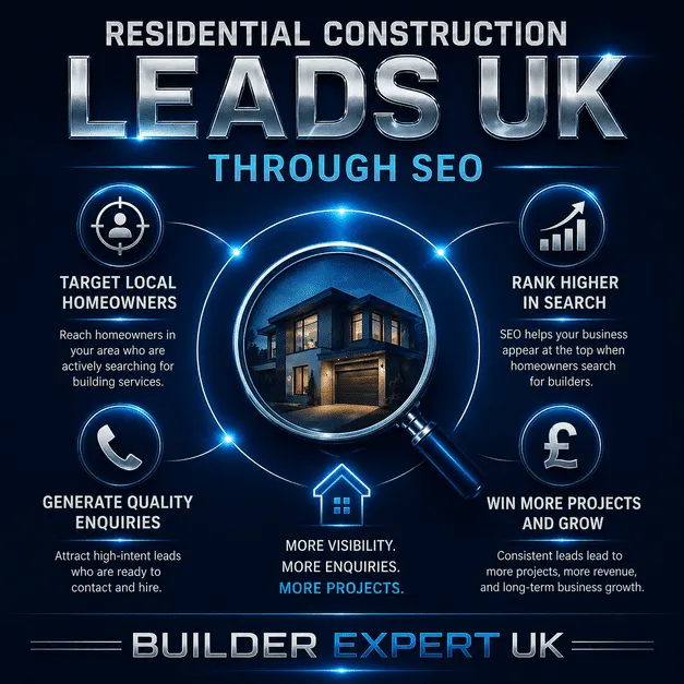Professional square infographic explaining residential construction leads UK through SEO, featuring dark navy-blue visuals, premium metallic typography, and key strategies for increasing visibility, enquiries, and residential project opportunities.