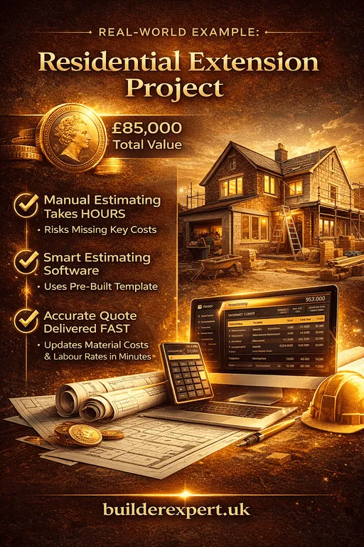 Infographic showing residential extension project example with £85000 value using intelligent estimating software for builders with cost breakdowns and automation