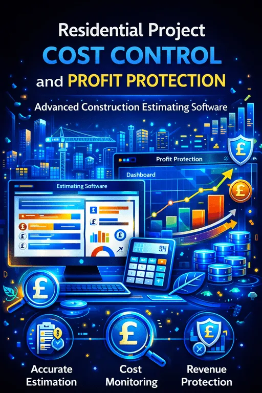 Residential project cost control and profit protection infographic showing digital dashboards, cost monitoring charts, profit growth indicators, and financial protection icons in blue tones on a dark background.