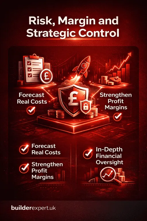 Risk, Margin and Strategic Control infographic showing risk-weighted contingency, margin protection and financial forecasting for residential construction projects