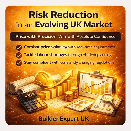 Risk Reduction in an Evolving UK Market infographic with glowing construction graphics, hard hat, charts, calculator, and financial symbols on bright dark-yellow background branded Builder Expert UK