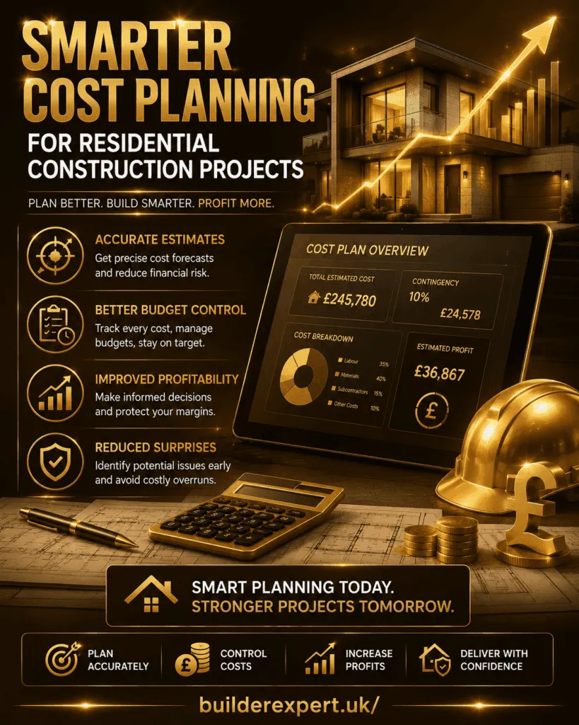 Alt Text Smarter Cost Planning for Residential Construction Projects infographic featuring digital cost planning tools, residential building budgets, project forecasting dashboards, profitability analysis, and British pound (£) financial indicators. The visual highlights accurate estimating, budget control, reduced financial risk, and improved project profitability for residential builders.