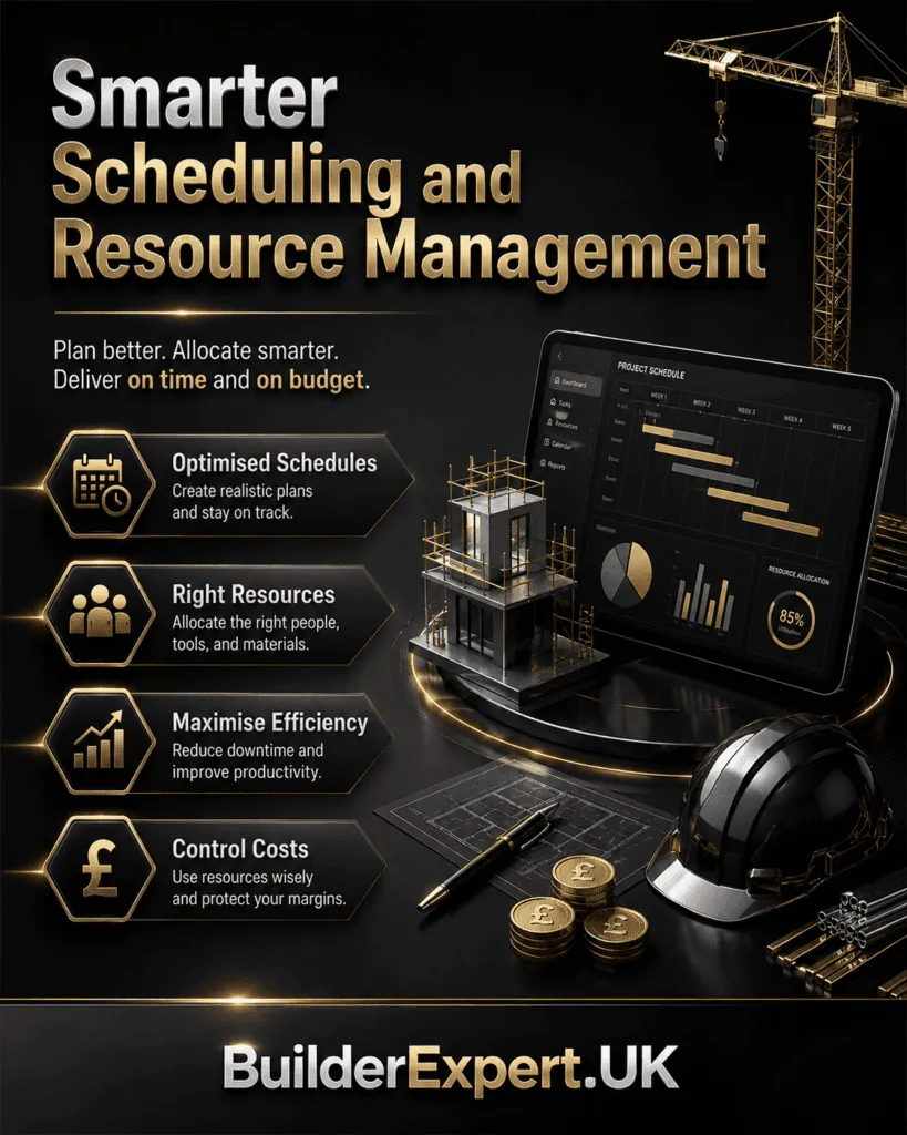 Alt Text Smarter Scheduling and Resource Management infographic featuring advanced construction planning tools, project scheduling systems, resource allocation dashboards, workforce coordination, and British pound (£) cost management indicators. The visual highlights efficient scheduling, better resource utilisation, improved productivity, and stronger project control for residential construction companies.