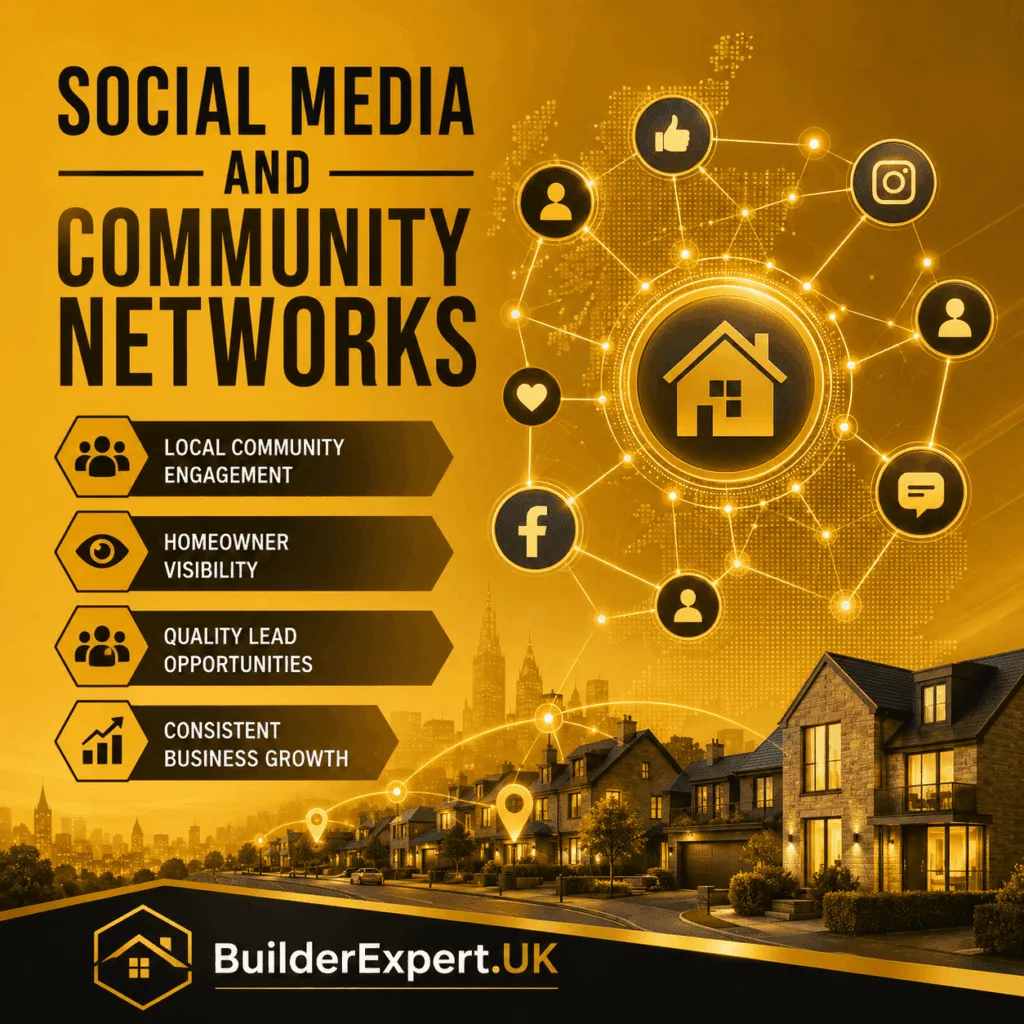 local construction leads UK . Square infographic titled "Social Media and Community Networks" featuring an ochre colour palette, connected homeowner and community network graphics, social media engagement icons, residential housing visuals, and digital connection pathways. The design highlights local community engagement, homeowner visibility, quality lead opportunities, and consistent business growth for UK builders. BuilderExpert.UK branding appears at the bottom.