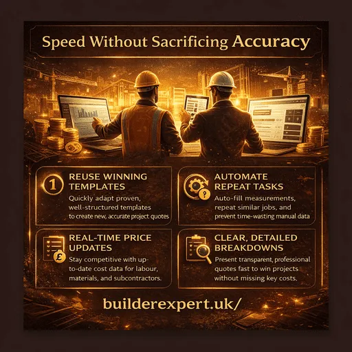 Infographic showing how UK builders achieve faster construction quotes without sacrificing accuracy using Estimator Online Construction Software