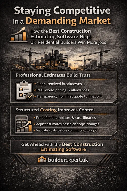 Infographic showing how UK residential builders can stay competitive in a demanding market by using construction estimating software, highlighting professional estimates, structured costing, and improved cost control.