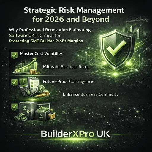 Strategic Risk Management for 2026 infographic showing how UK refurbishment builders manage material volatility, margin control and financial forecasting.