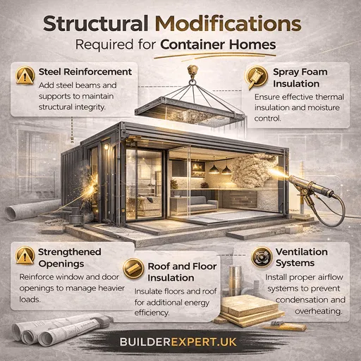 Infographic showing the main structural modifications required for container home conversions including steel reinforcement, insulation systems, strengthened openings, and ventilation for UK residential builds.