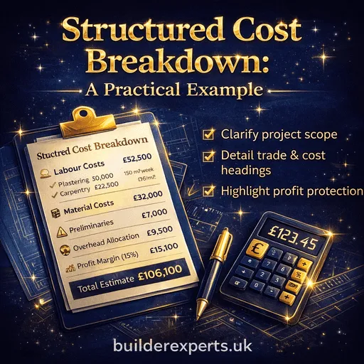 Structured cost breakdown infographic with navy blue background and gold glowing typography, showing labour, materials, preliminaries and profit allocation for UK residential refurbishment projects.