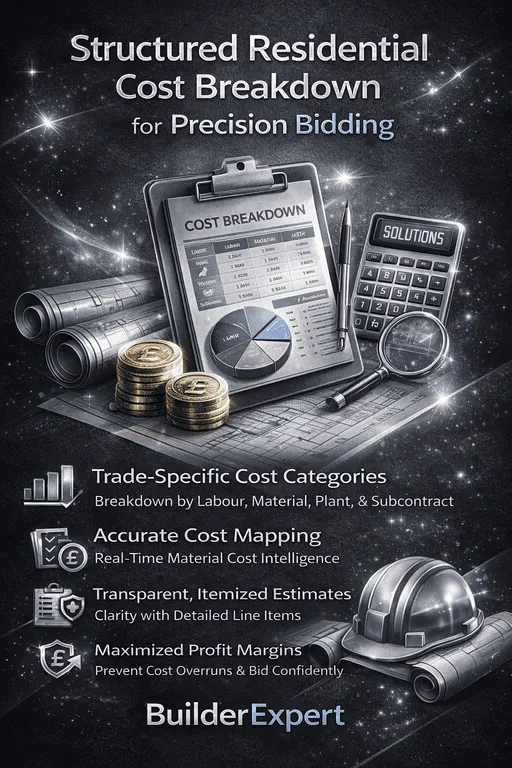 Structured Residential Cost Breakdown for Precision Bidding infographic in dark charcoal and metallic silver design, featuring trade-based cost categories, profit margin control and real-time UK material cost intelligence with bold construction graphics.