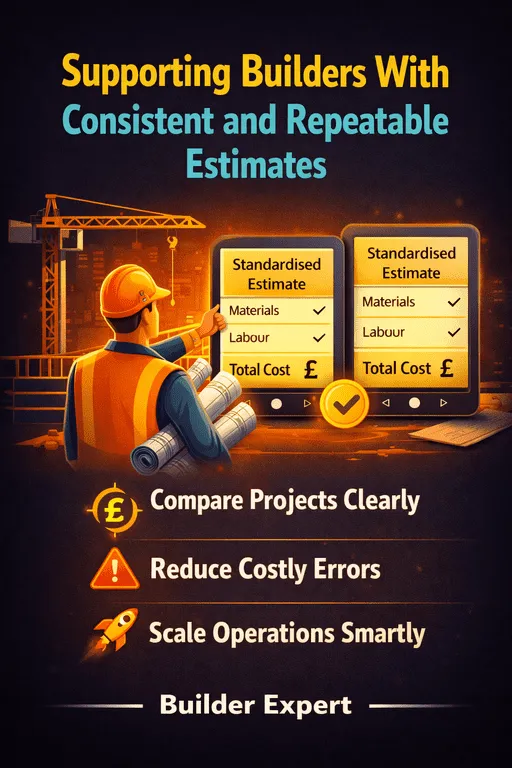Infographic showing how consistent and repeatable cost estimates help builders manage multiple small renovation projects, with standardised estimate templates and £ symbols
