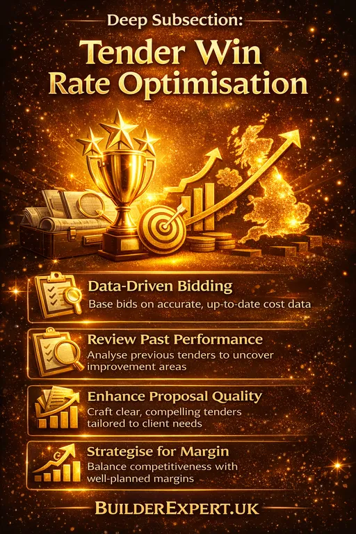 Tender Win Rate Optimisation infographic for UK residential contractors highlighting data-driven bidding, proposal quality, margin strategy and competitive positioning in glossy amber and gold BuilderExpert.uk branding.