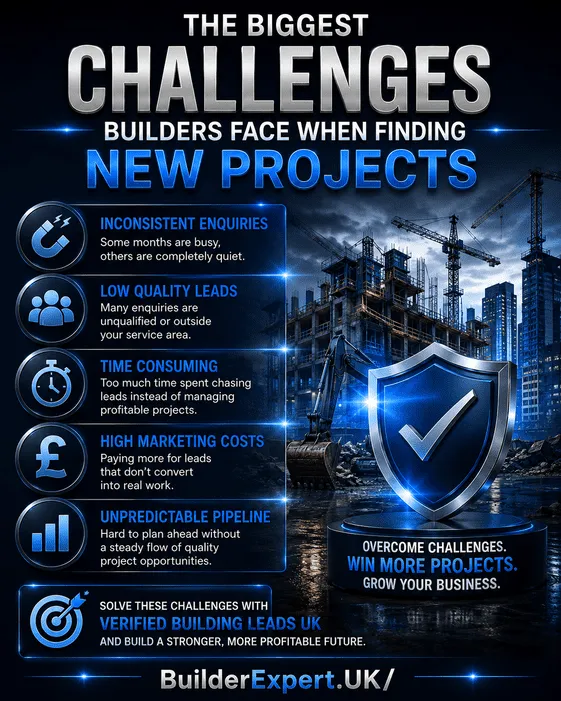 Professional 4:5 infographic titled "The Biggest Challenges Builders Face When Finding New Projects" featuring a construction site, a verified shield, and key challenges including inconsistent enquiries, low-quality leads, time-consuming lead generation, high marketing costs, and an unpredictable project pipeline. The design uses a premium dark two-tone background with metallic blue accents, dramatic lighting, and only the British pound (£) symbol.