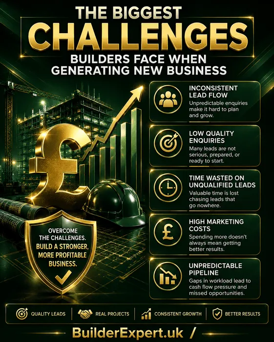 Vertical 4:5 infographic titled "The Biggest Challenges Builders Face When Generating New Business" featuring a premium dark green background with glossy gold construction graphics, a British pound symbol, growth chart, construction site, and icons illustrating inconsistent lead flow, low-quality enquiries, wasted time, high marketing costs, and unpredictable sales pipelines. BuilderExpert.uk branding appears at the bottom.