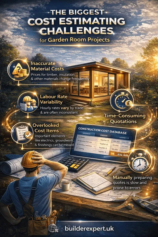 Cost estimating challenges for garden room projects infographic showing material price changes, labour costs, missing project items and slow quote preparation for UK contractors