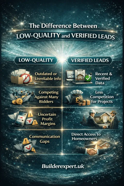 Infographic showing the difference between low-quality and verified house extension leads UK for builders in 2026