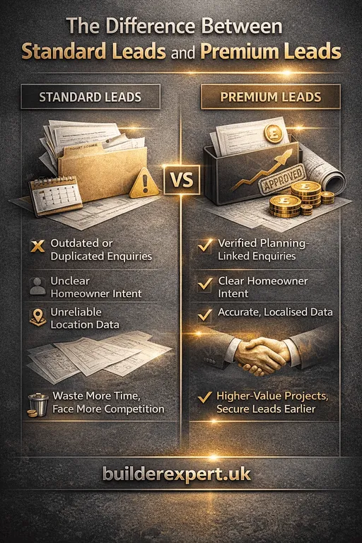 Infographic showing the difference between standard leads and premium house extension leads UK for builders securing high-value projects