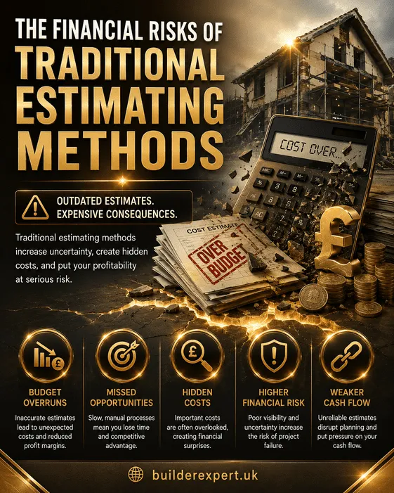 Infographic titled "The Financial Risks of Traditional Estimating Methods" featuring a damaged calculator, construction renovation project, UK pound (£) symbol, and visual highlights of key financial risks including budget overruns, hidden costs, weaker cash flow, missed opportunities, and higher financial risk. Premium gold, black, and sand-coloured design with BuilderExpert.uk branding.