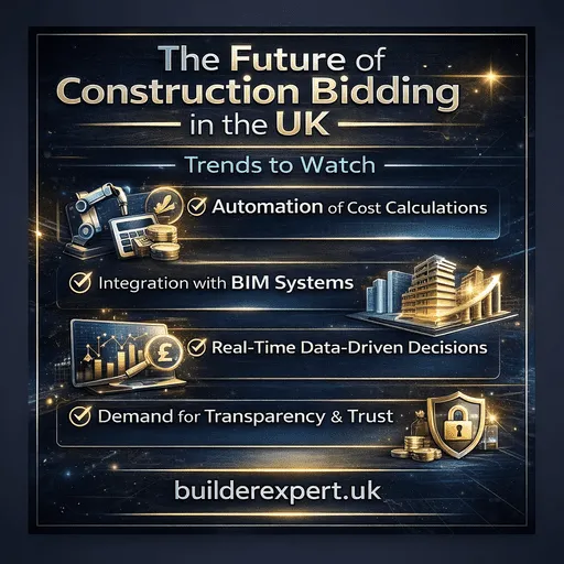 Infographic showing the future of construction bidding in the UK with trends like automation, BIM integration, and real-time data in a blue and gold professional design