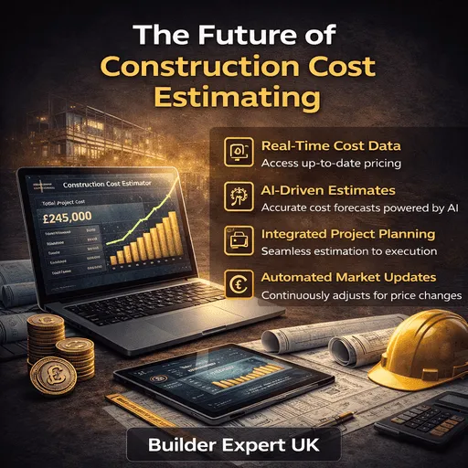 Infographic illustrating the future of construction cost estimating with AI-driven tools, real-time £ cost data, and digital project planning for UK construction.
