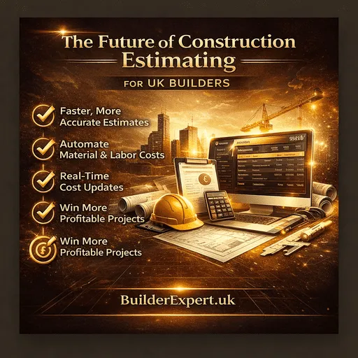 Infographic showing the future of construction estimating for UK builders with automation, real-time cost updates and digital tools in premium gold design