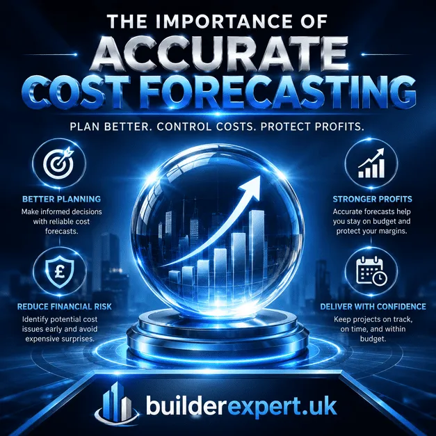 Square infographic titled "The Importance of Accurate Cost Forecasting". The design features a dark blue and bright blue futuristic theme with a glowing crystal sphere displaying financial growth charts, surrounded by icons representing planning, risk reduction, profitability, and project delivery. The infographic emphasises cost control, forecasting accuracy, and profit protection for construction businesses. BuilderExpert.uk branding appears at the bottom.