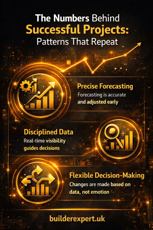 Vertical infographic showing repeating financial patterns behind successful projects, including early forecasting, disciplined data tracking, and data-driven decision-making