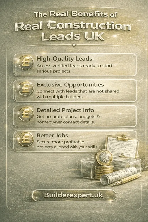 Infographic showing the real benefits of real construction leads UK, including high-quality leads, exclusivity, better projects, and detailed project information.