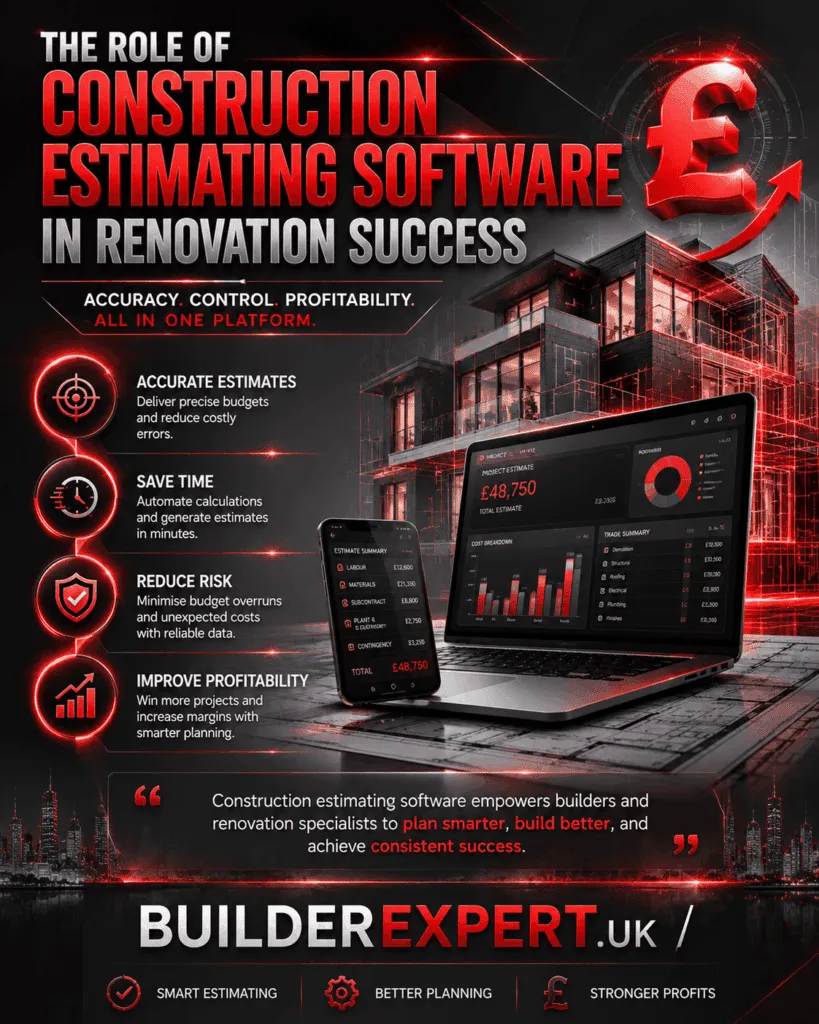 The Role of Construction Estimating Software in Renovation Success infographic featuring digital estimating technology, residential construction planning, project budgeting tools, and British pound (£) cost management visuals. The design highlights accuracy, efficiency, risk reduction, and improved profitability for UK builders.