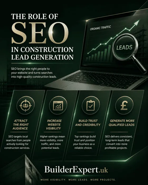 Professional 4:5 construction SEO infographic with dark green background, illustrating the role of SEO in construction lead generation with premium business visuals and BuilderExpert.uk branding.